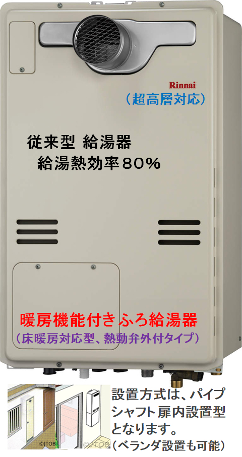 ガス給湯暖房用熱源機 リンナイ　RVD-A2000SAW(B)　20号 オート 屋外壁掛・PS設置型 1温度 床暖房3系統 熱動弁外付 - 1